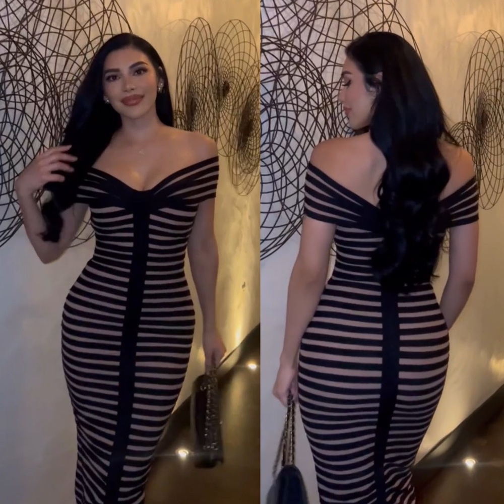 House of CB Black and Nude Striped Off-Shoulder Midi Dress